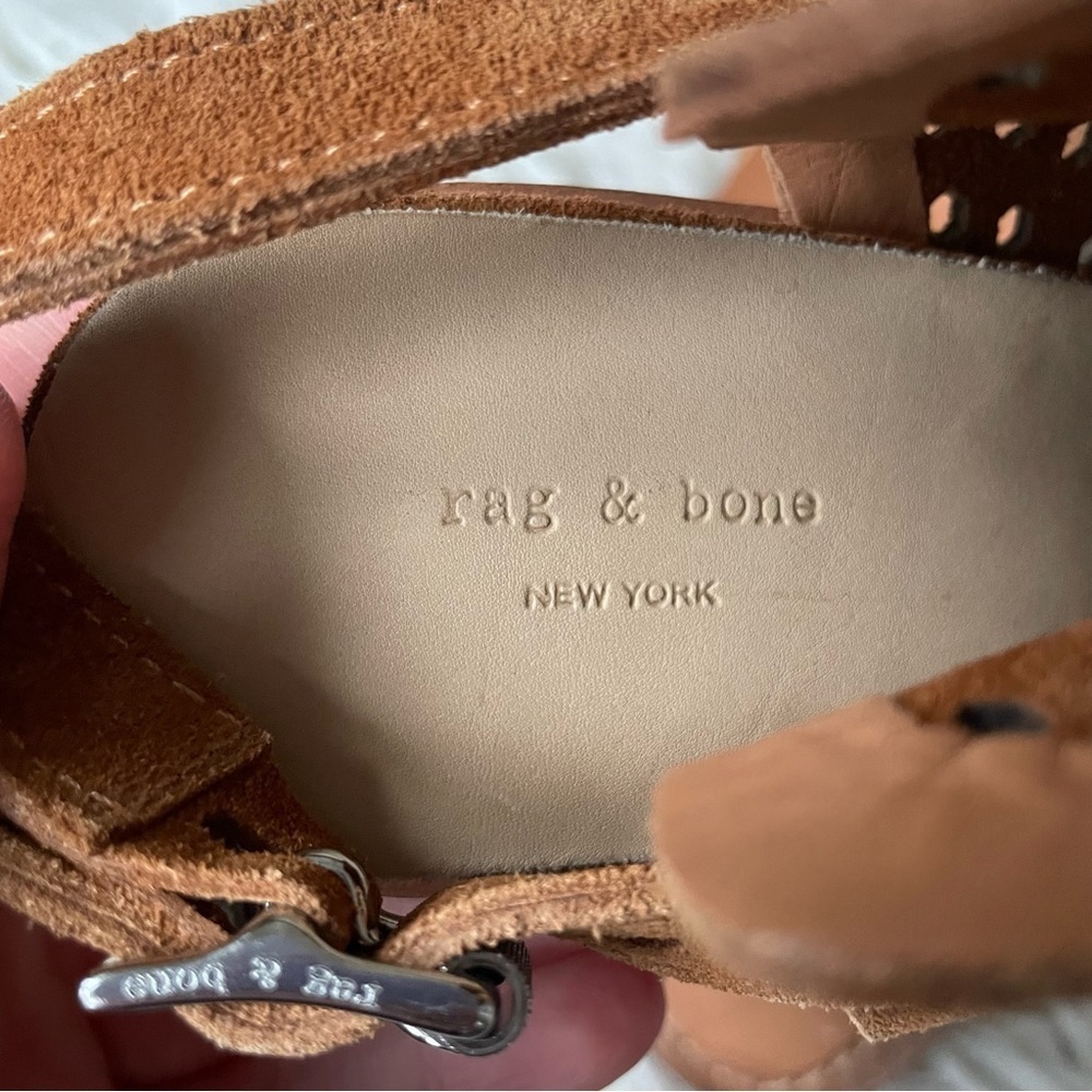 Rag & Bone Tan Peep Toe Wyatt Perforated Suede Heeled Sandal EUC Size 38 - Picture 11 of 12